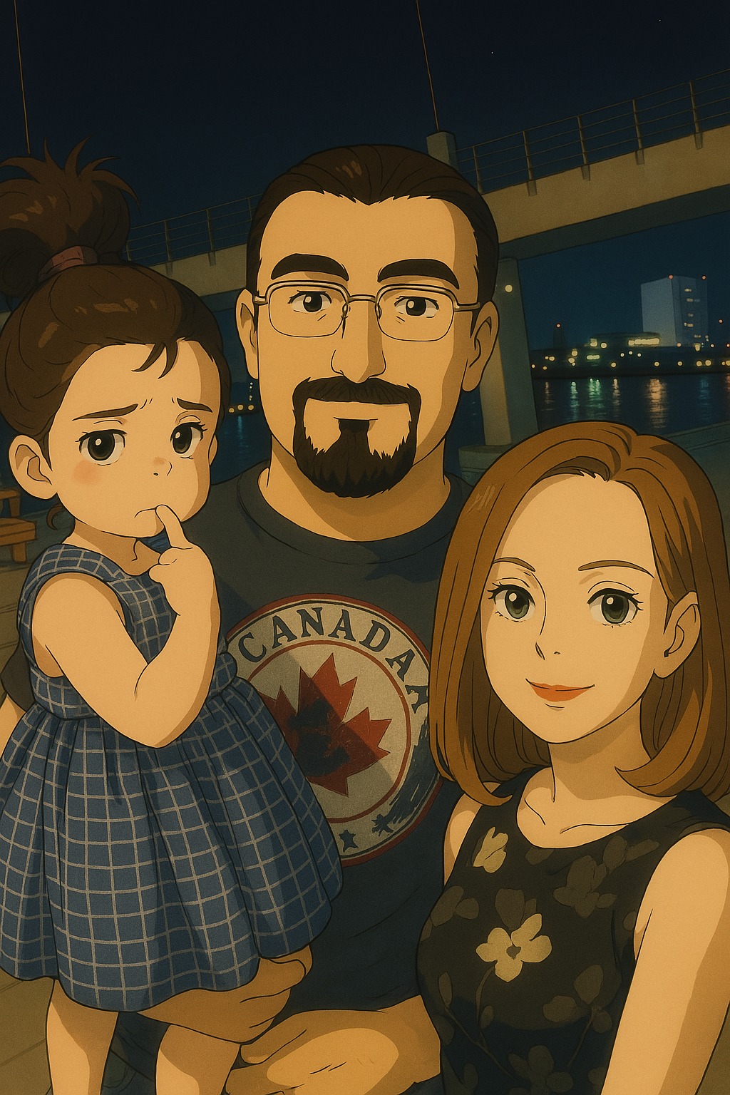 Anime-style family portrait of Scarlett with Mom and Dad