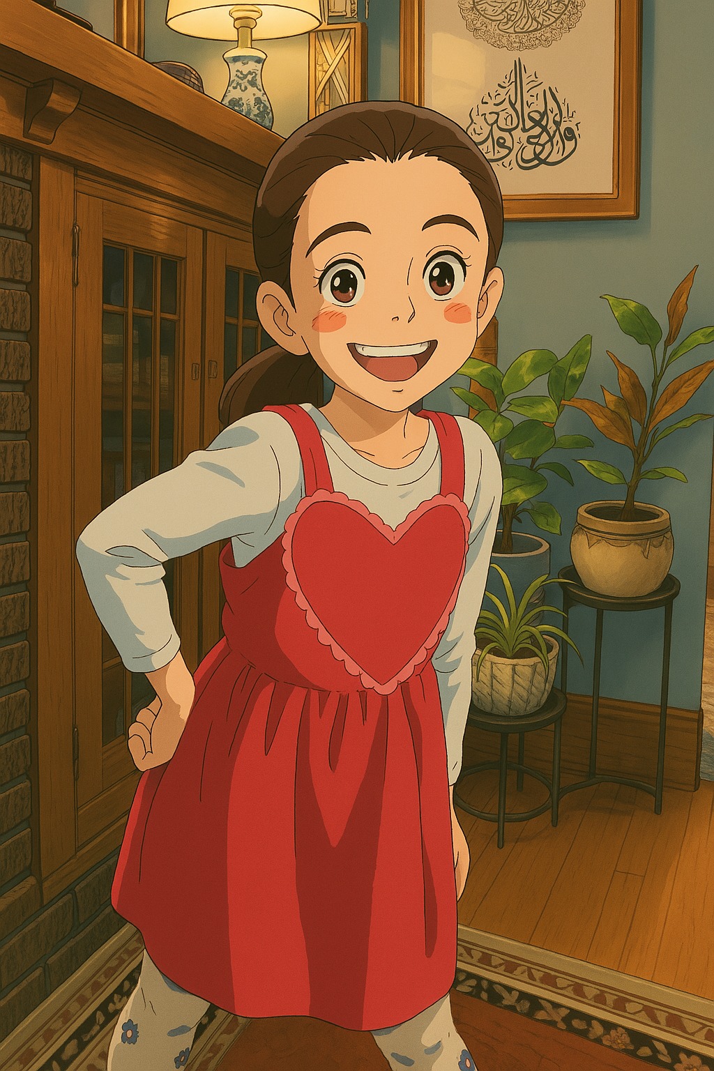 Anime-style portrait of Scarlett smiling in a red dress